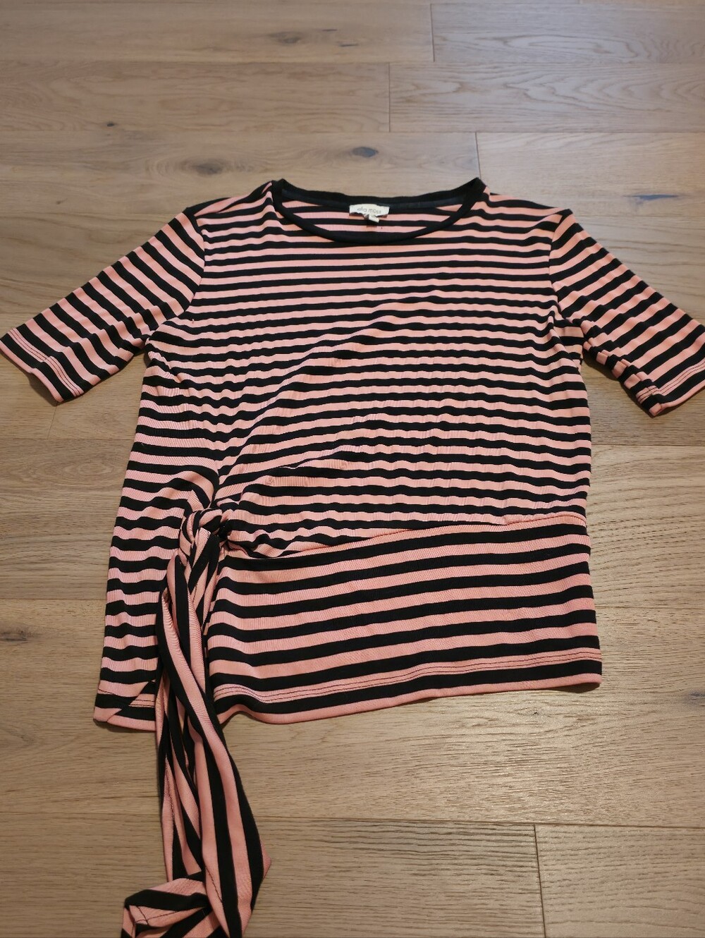 Ella Moss Pink and Black Striped Short Sleeve Side-Tie Top
